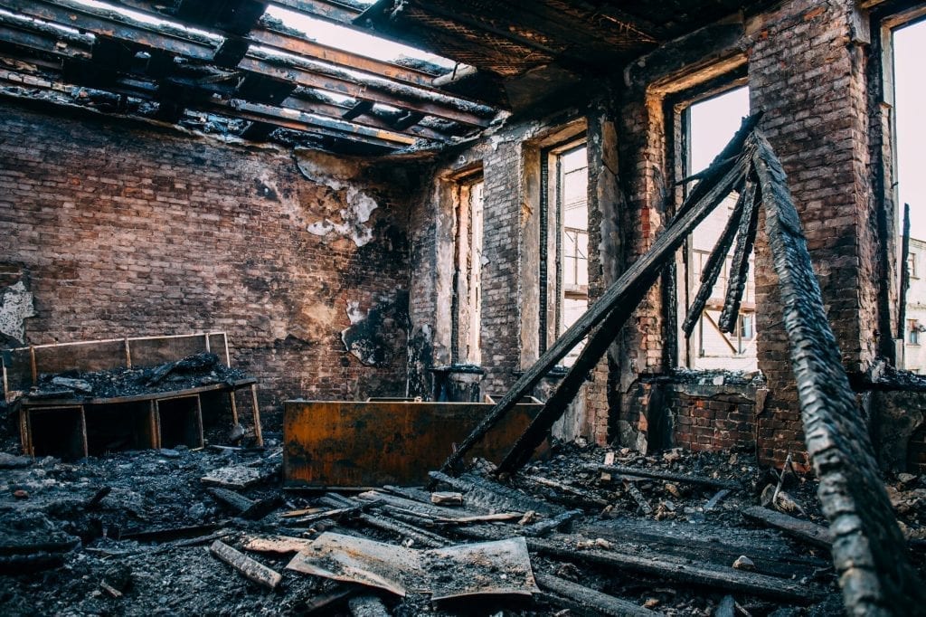 Interior of a building after fire damage, before restoration and reconstruction