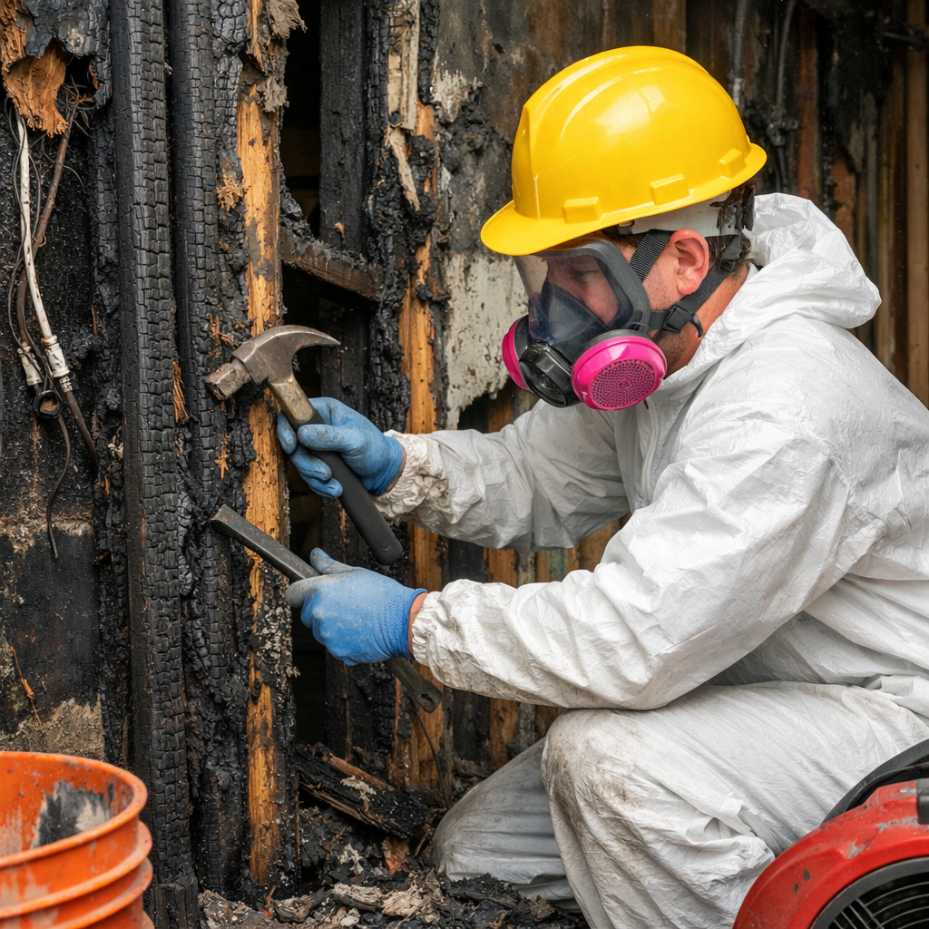 Fire damage restoration technician removing charred framing in Staten Island, NY