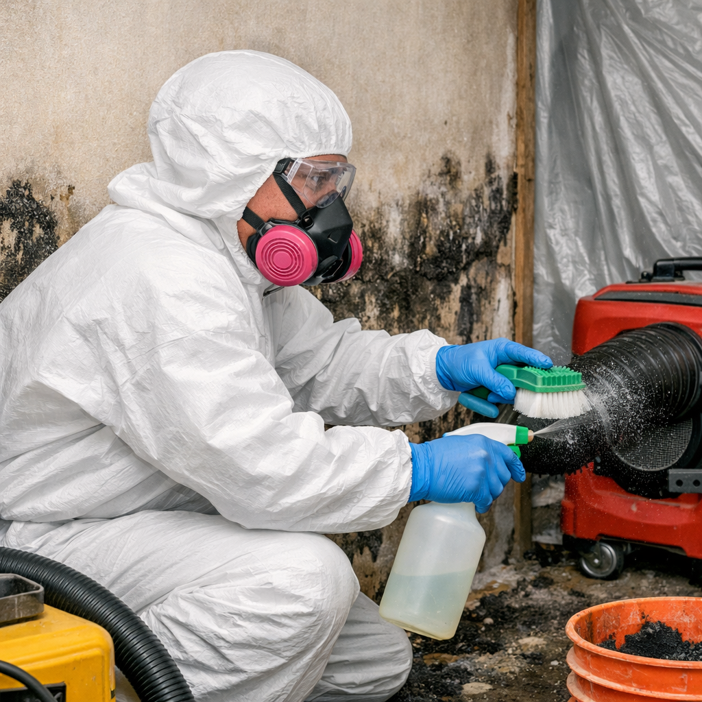 Mold remediation technician in PPE treating mold growth in Staten Island, NY