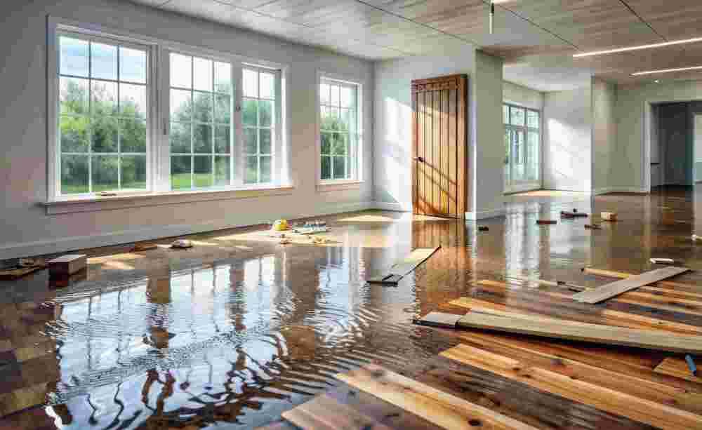 Flooded hardwood floor from water damage in a Staten Island home